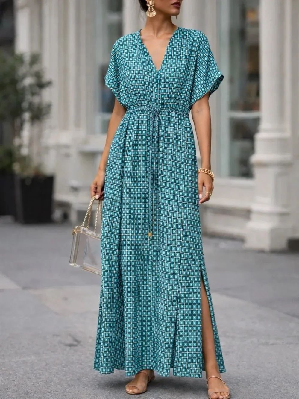 MICHAEL KORS Teal Geometric V-Neck Maxi Dress Size XS